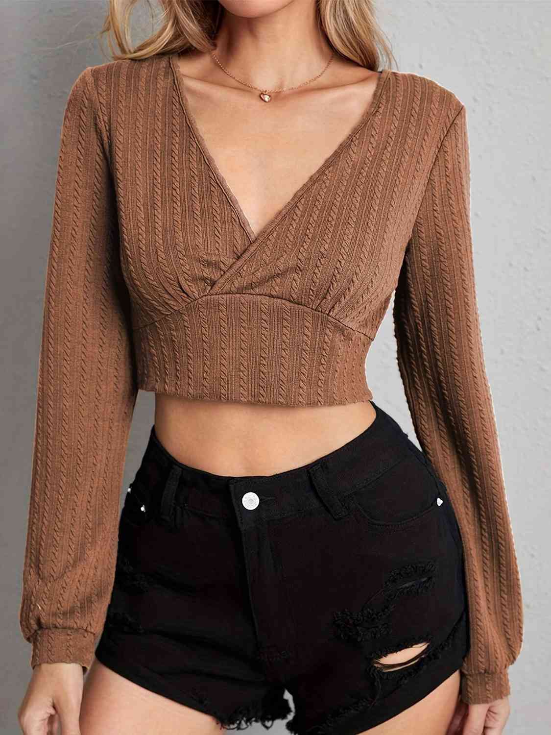 V Neck Crop Top Tan clothes crop top crop tops Ship From Overseas shirt shirts X@Y@F