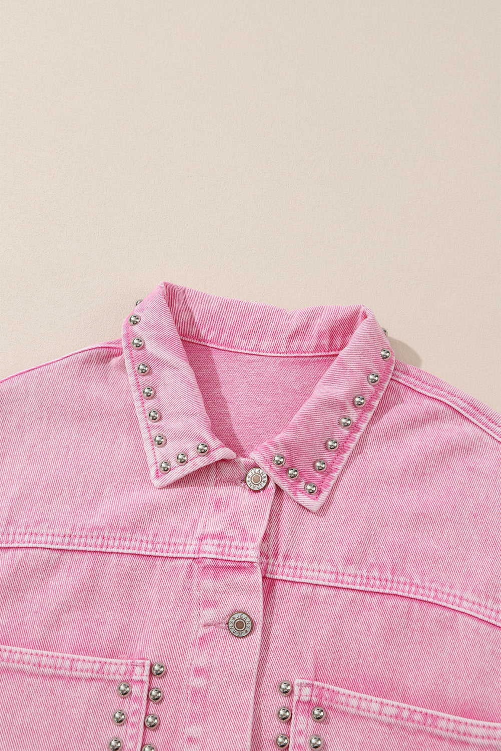 Pink Rivet Studded Pocketed Pink Denim Jacket