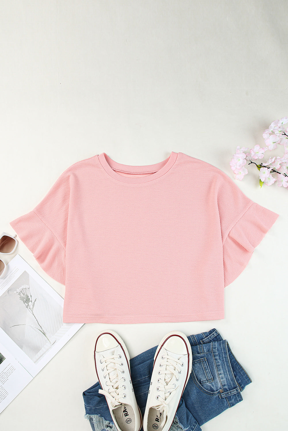 Pink Waffle Knit Ruffled Half Sleeve Blouse