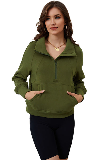 Green Zip Up Stand Collar Ribbed Thumbhole Sleeve Sweatshirt