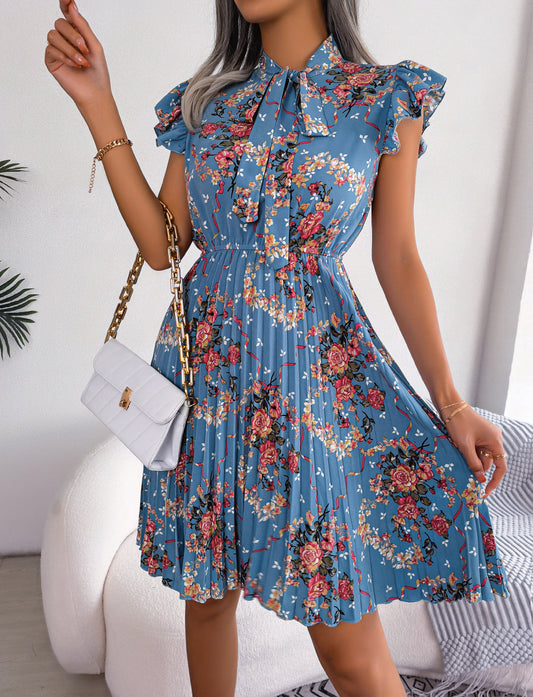 Pleated Floral Printed Tie Neck Knee Length Short Sleeve Dress Misty Blue B.J.S casual dress casual dresses clothes dress dresses Ship From Overseas short dress short dresses short sleeve dress short sleeve dresses