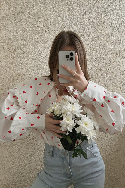 Heart Print Balloon Sleeve Doll Collar Blouse