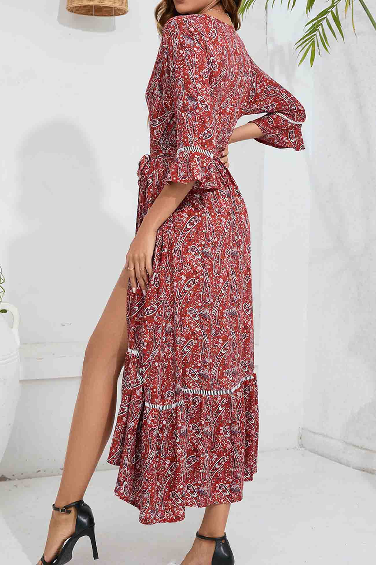 Floral V Neck Slit Midi Dress