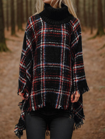 Turtleneck Plaid Raw Hem Sweater Fashion Poncho