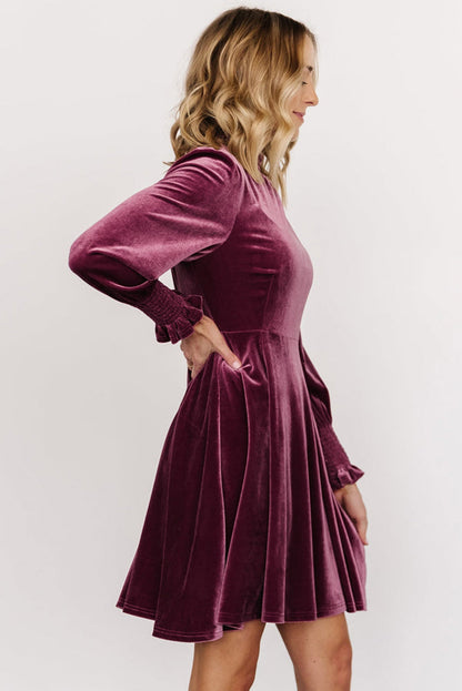 Burgundy Long Sleeve Dress Smocked High Neck Flounce Sleeve Velvet Dress