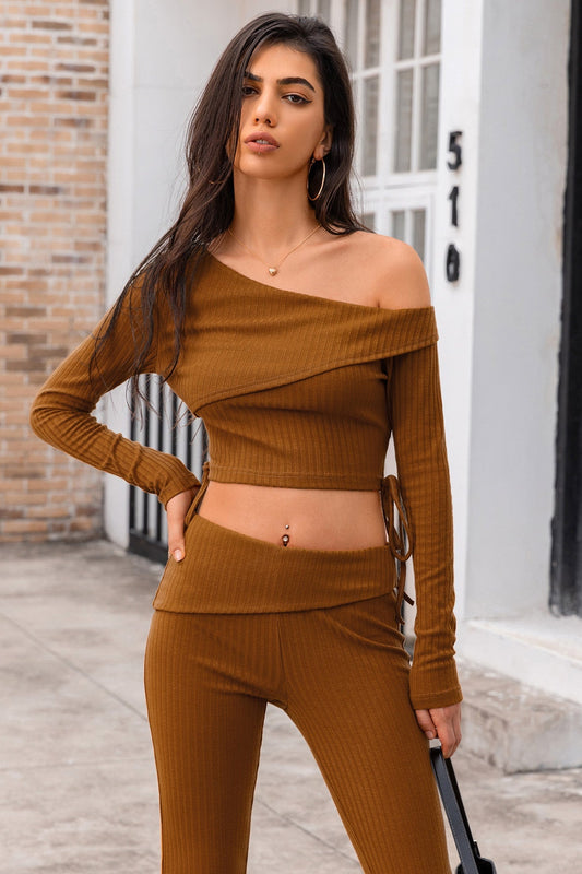 Asymmetrical Neck Ribbed Crop Top Chestnut B@H@S@D clothes crop top croptop long sleeve top Ship From Overseas Shipping Delay 09/29/2023 - 10/04/2023 ShippingDelay 09/29/2023 - 10/04/2023 trend