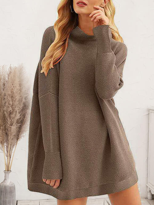 Round Neck Long Sleeve Sweater Dress Taupe casual dresses clothes D&C dresses long sleeve dresses Ship From Overseas short dresses