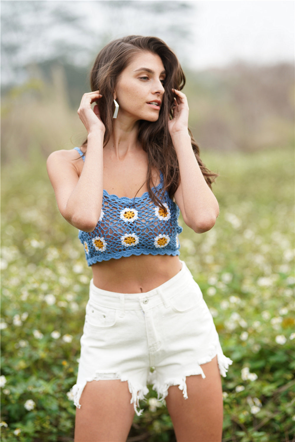 Floral Crochet Cropped Cami Crop Top Azure clothes crop top crop tops croptop M&Y Ship From Overseas shirt shirts top tops