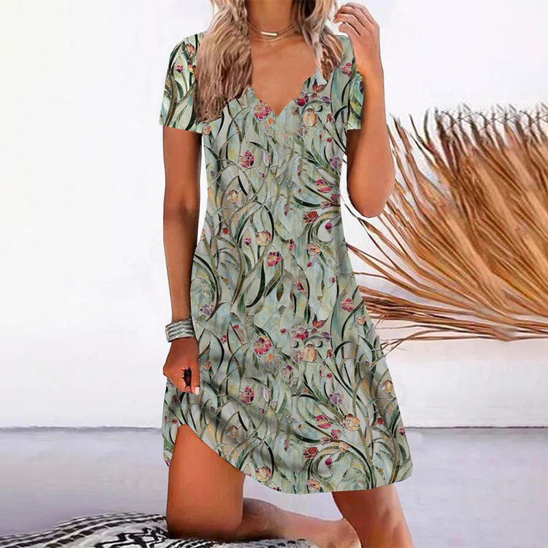 Romantic Floral Print V-Neck Dress Green best Best Sellings casual dresses clothes Plus Size Sale short dresses Topseller