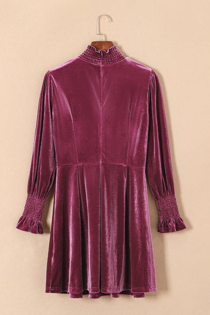 Burgundy Long Sleeve Dress Smocked High Neck Flounce Sleeve Velvet Dress