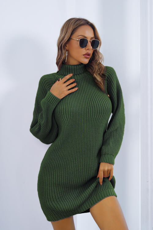 Buttoned Turtleneck Long Sleeve Sweater Dress Green casual dress casual dresses clothes dress dresses long sleeve dresses M.Y.C Ship From Overseas short dresses