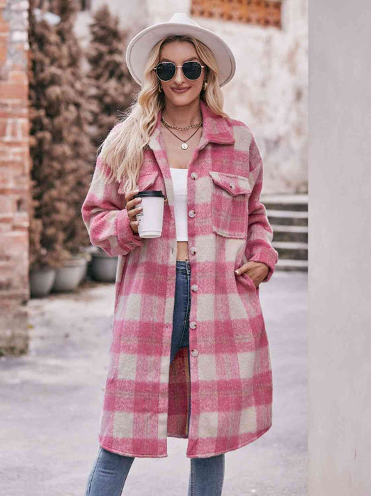 Plaid Dropped Shoulder Slit Coat Coral clothes coat jacket long sleeve Mandy Ship From Overseas