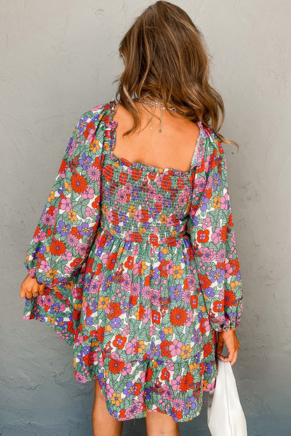 Floral Smocked Bust Square Neck Ruffled Dress