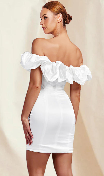 WHITE OFF SHOULDER FRILL MINI BODYCON DRESS