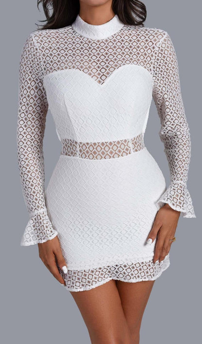 WHITE LONG SLEEVE LACE MINI DRESS