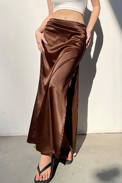 Brown Satin Low-Rise Slit Midi Skirt