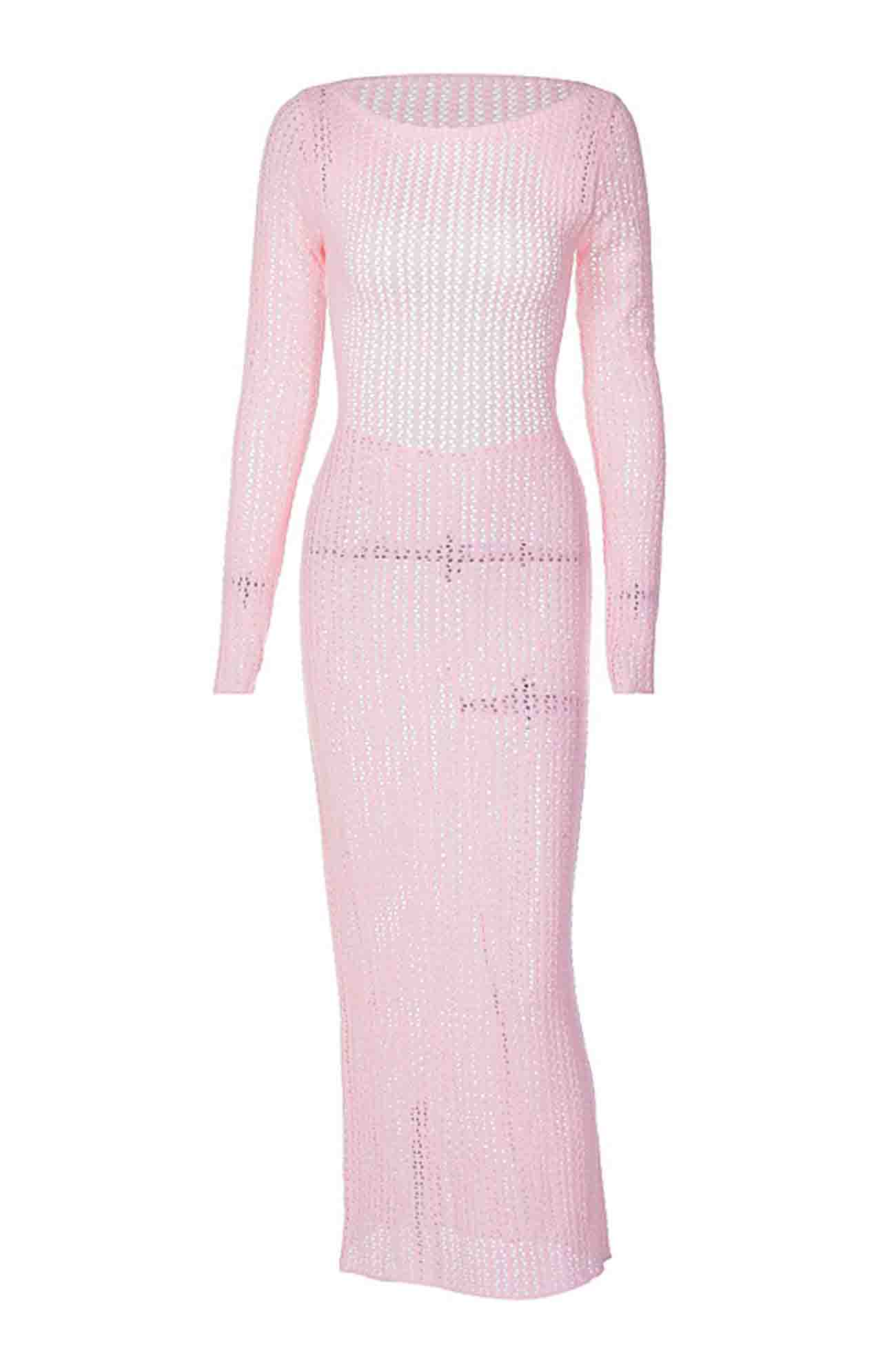 Hollow Out Long Sleeve Backless Knitted Midi Dress