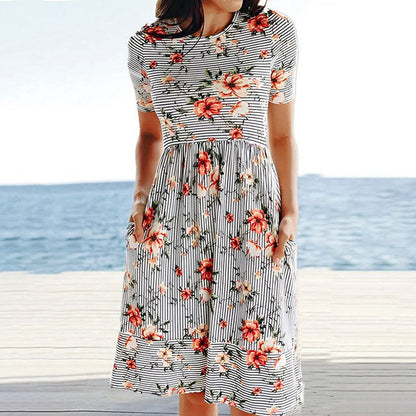 Floral And Striped Dress Gray best Best Sellings casual dresses clothes Plus Size Sale short dresses Topseller