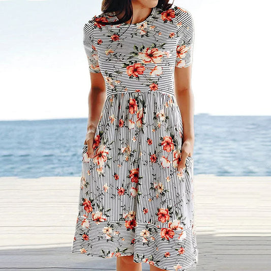 Floral And Striped Dress Gray best Best Sellings casual dresses clothes Plus Size Sale short dresses Topseller