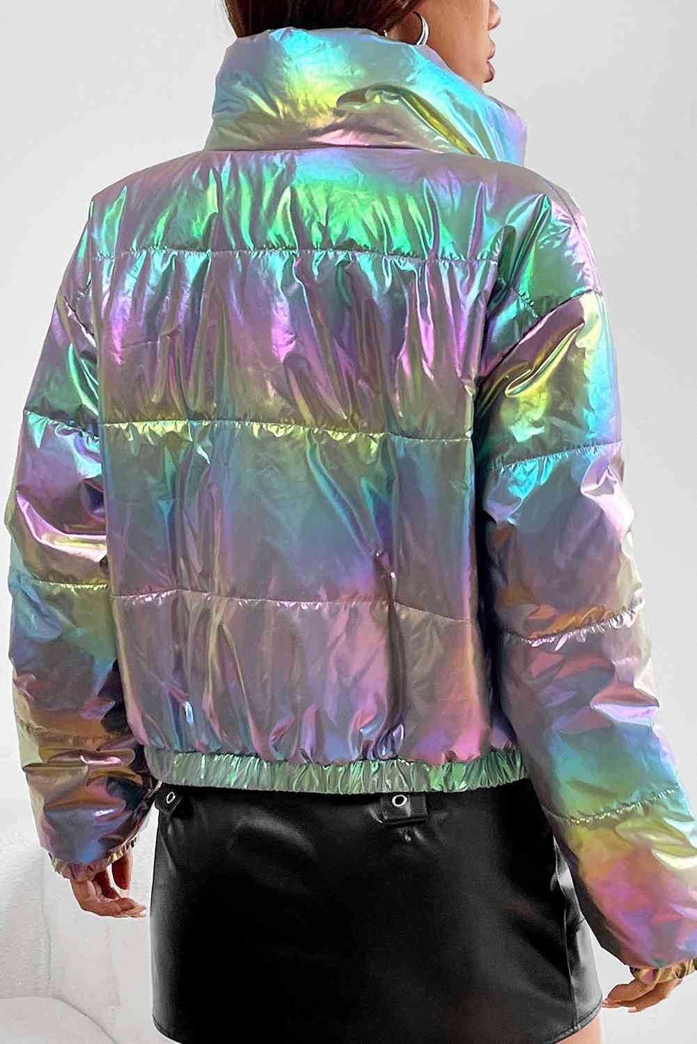 Gradient Zip-Up Oil Spill Chrome Winter Coat