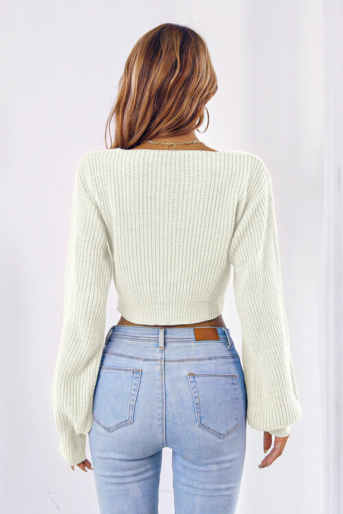 Bow V-Neck Long Sleeve Cropped Sweater