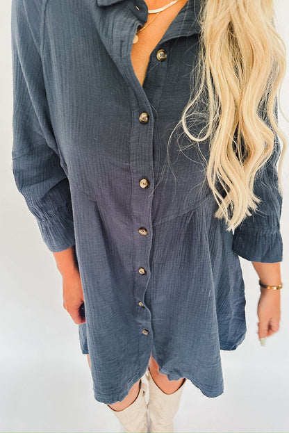 Sail Blue 3/4 Ruffled Sleeve Buttoned Crinkled Shirt Dress