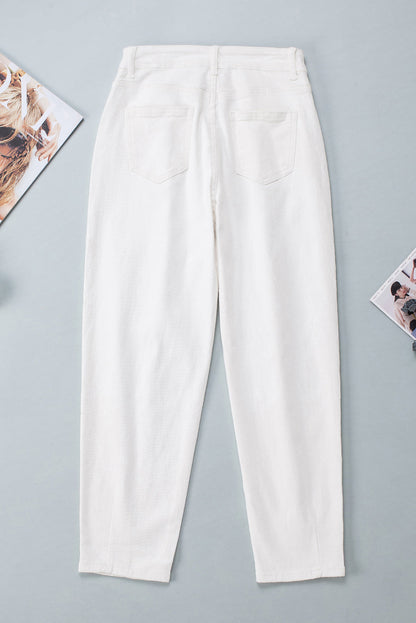 White Solid High Waist Casual Pants