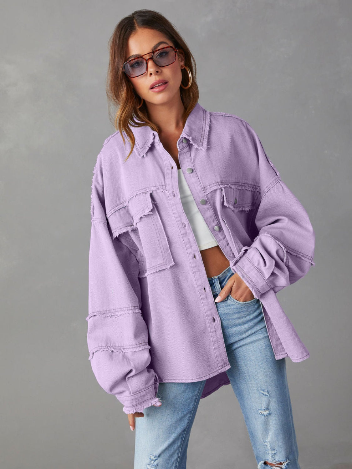 Dropped Shoulder Raw Hem Jacket Lilac clothes Denim Jacket Jacket long sleeve top Outerwear Ship From Overseas Shipping Delay 09/29/2023 - 10/02/2023 X@Y@K