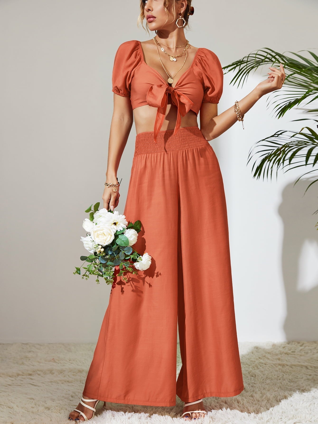 Tie Front Cropped Top and Smocked Wide Leg Pants Set