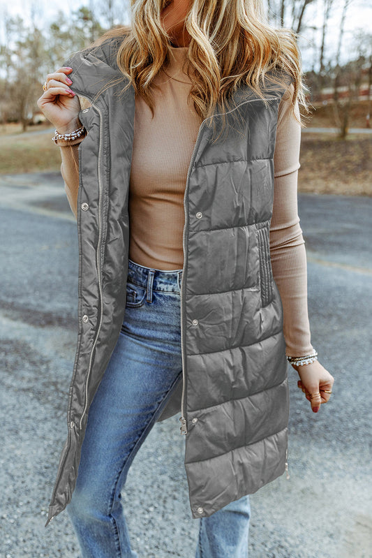 Dark Grey Hooded Long Quilted Vest Coat Dark Grey 100%Polyamide All In Stock clothes Craft Quilted DL Chic DL Exclusive Jackets & Coats long vest Occasion Daily Print Solid Color Season Winter Style Casual vest vests