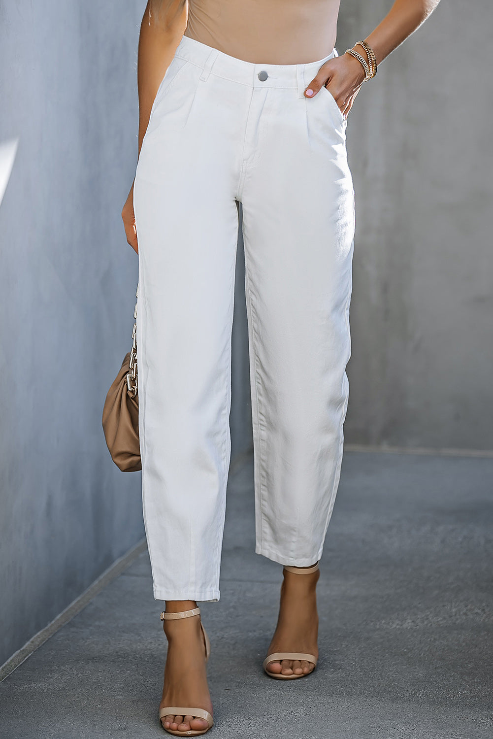 White Solid High Waist Casual Pants White 98%Cotton+2%Elastane bottoms clothes DL Exclusive Occasion Daily pants Print Solid Color Season Spring Silhouette Wide Leg Style Modern Women's Bottoms