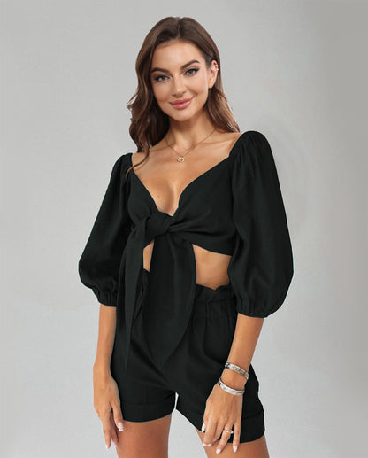 Cutout Puff Sleeve Top and Shorts Set Black clothes crop top croptop MDML sets Ship From Overseas Shipping Delay 09/29/2023 - 10/02/2023 trend