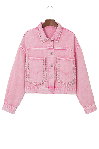 Pink Rivet Studded Pocketed Pink Denim Jacket