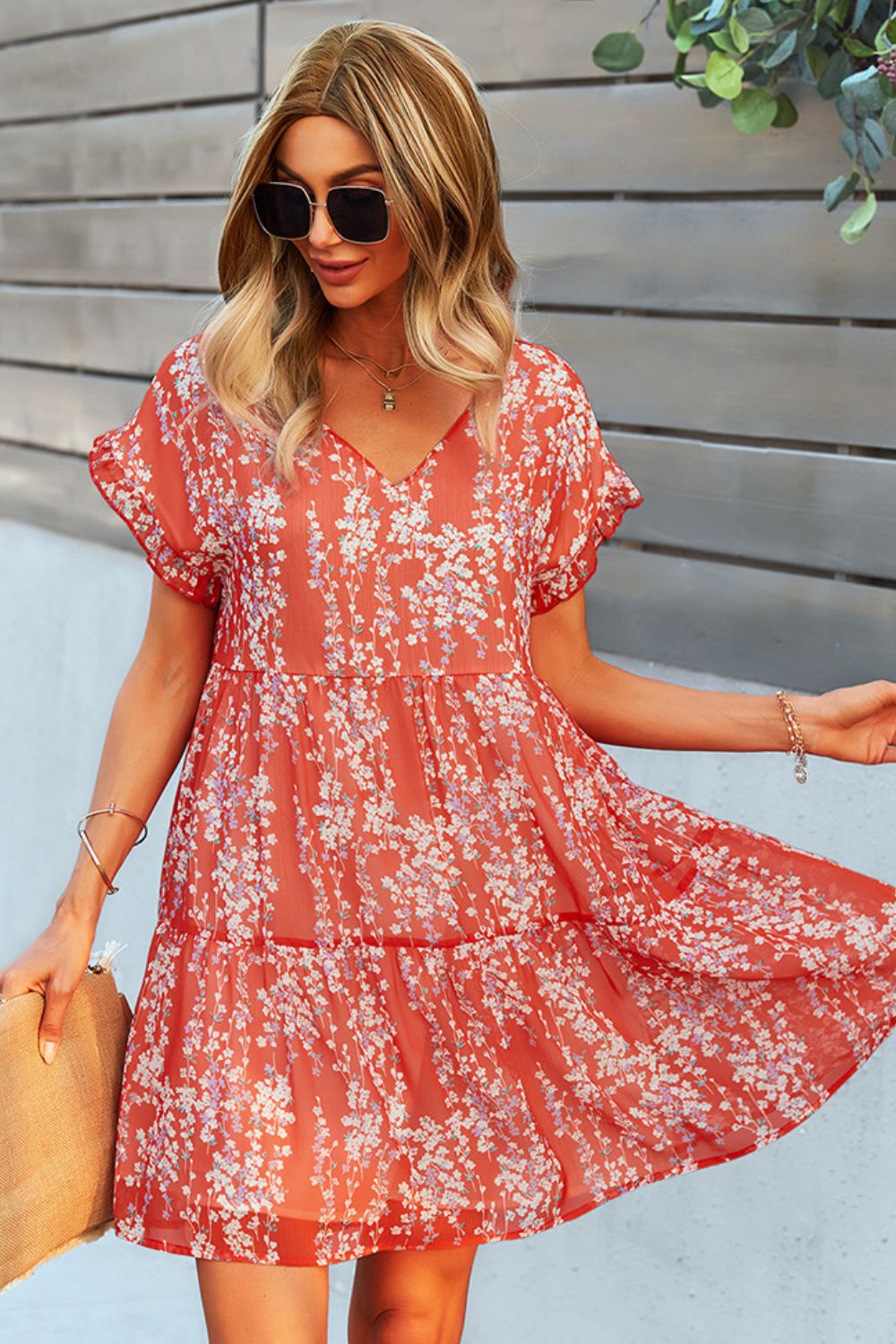 Printed V-Neck Short Sleeve Tiered Casual Dress