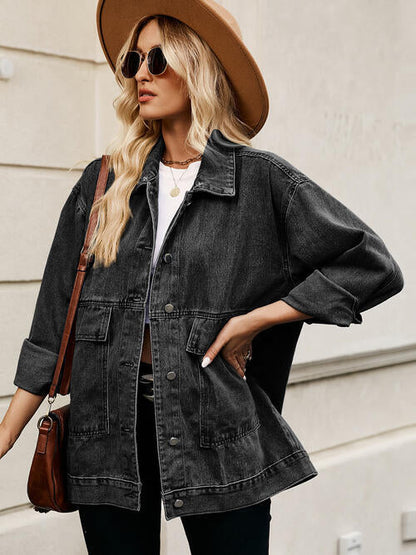 Drawstring Button Down Hooded Denim Jacket