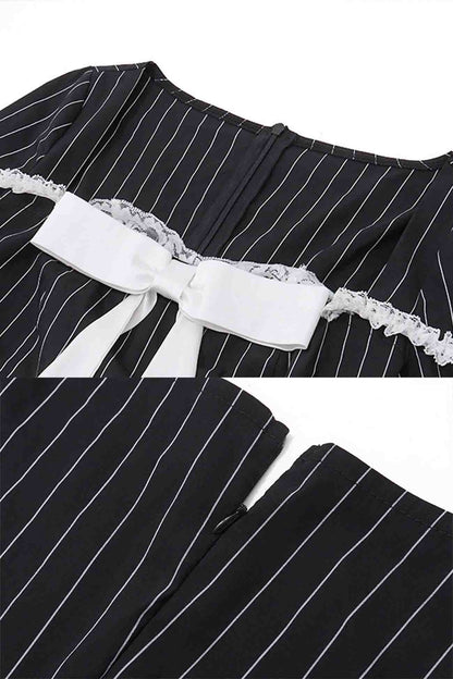 Square Neck Bow Tie Striped Long Sleeve Mini Dress