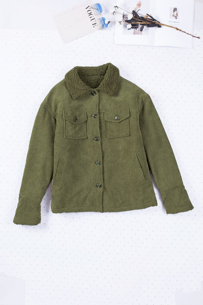 Green Corduroy Ribbed Shell Fleece Lining Jacket