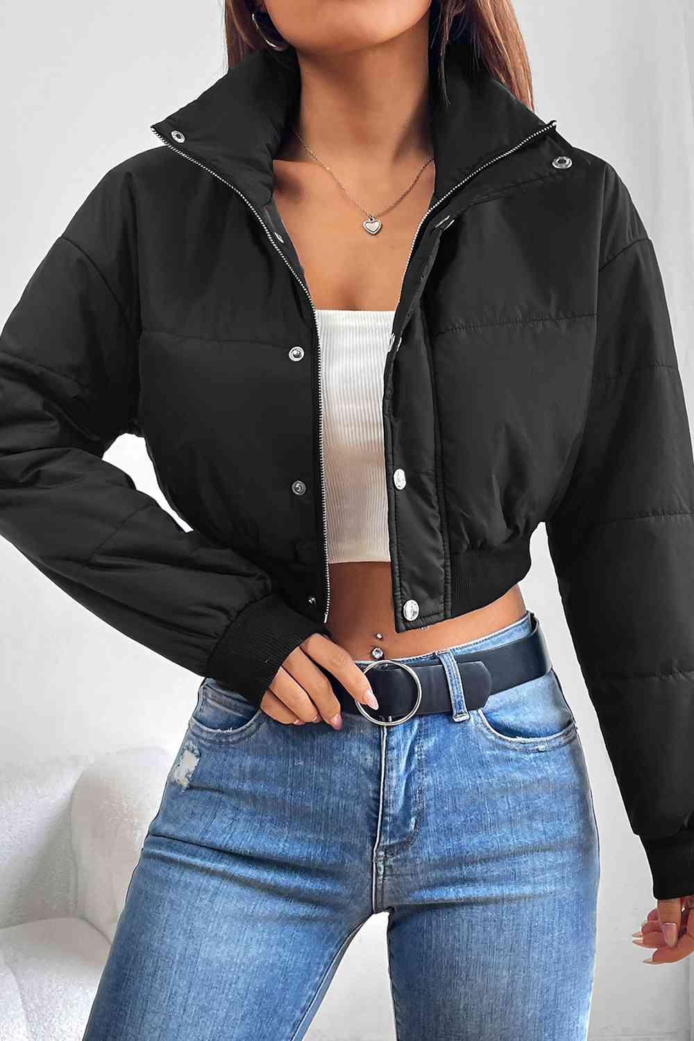 Snap and Zip Closure Crop Puffy Sexy Winter Coat