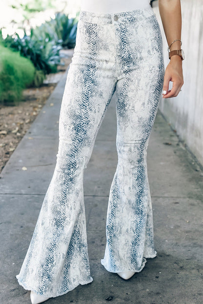 White Western Fashion High Waist Snakeskin Print Flare Pants White 98%Cotton+2%Elastane All In Stock bottoms clothes Flare Jeans Jeans Occasion Daily pants Season Fall & Autumn Silhouette Flare Style Western wide leg pants