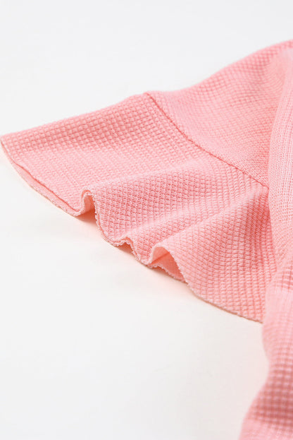 Pink Waffle Knit Ruffled Half Sleeve Blouse