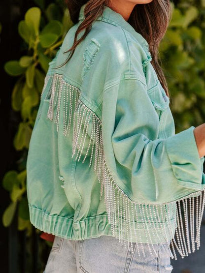 Fringed Chain Raw Hem Distressed Denim Jacket