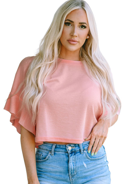 Pink Waffle Knit Ruffled Half Sleeve Blouse