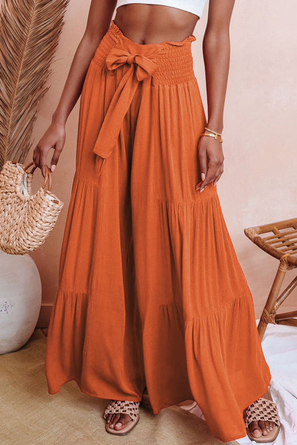 Orange Smocked Waist Tiered Wide Leg Pants