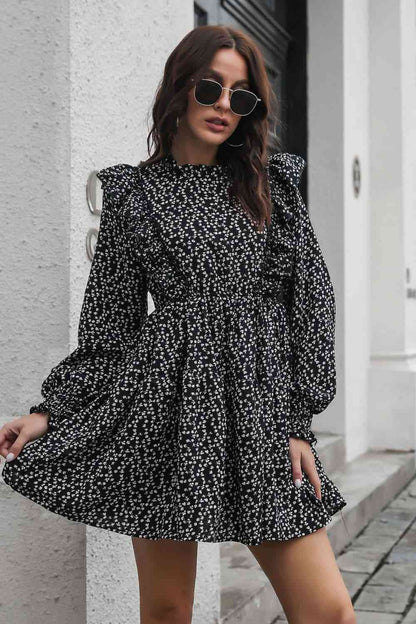 Printed Ruffle Trim Smocked Casual Long Sleeve Mini Dress Black B&S casual dress casual dresses clothes dress dresses long sleeve dress long sleeve dresses long sleve dresses Ship From Overseas short dresses