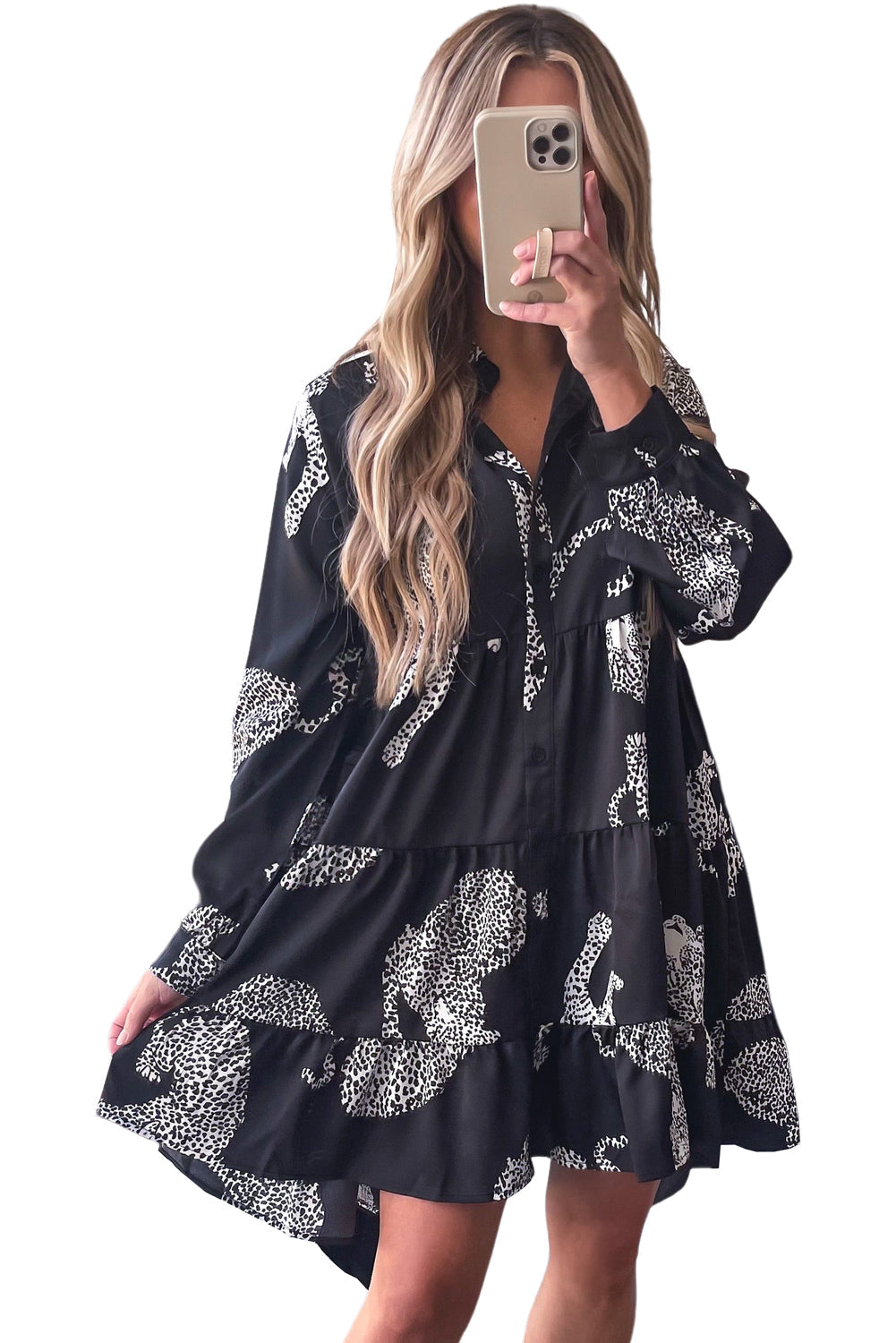 Black Leopard Print Button-up Long Sleeve Casual  Dress