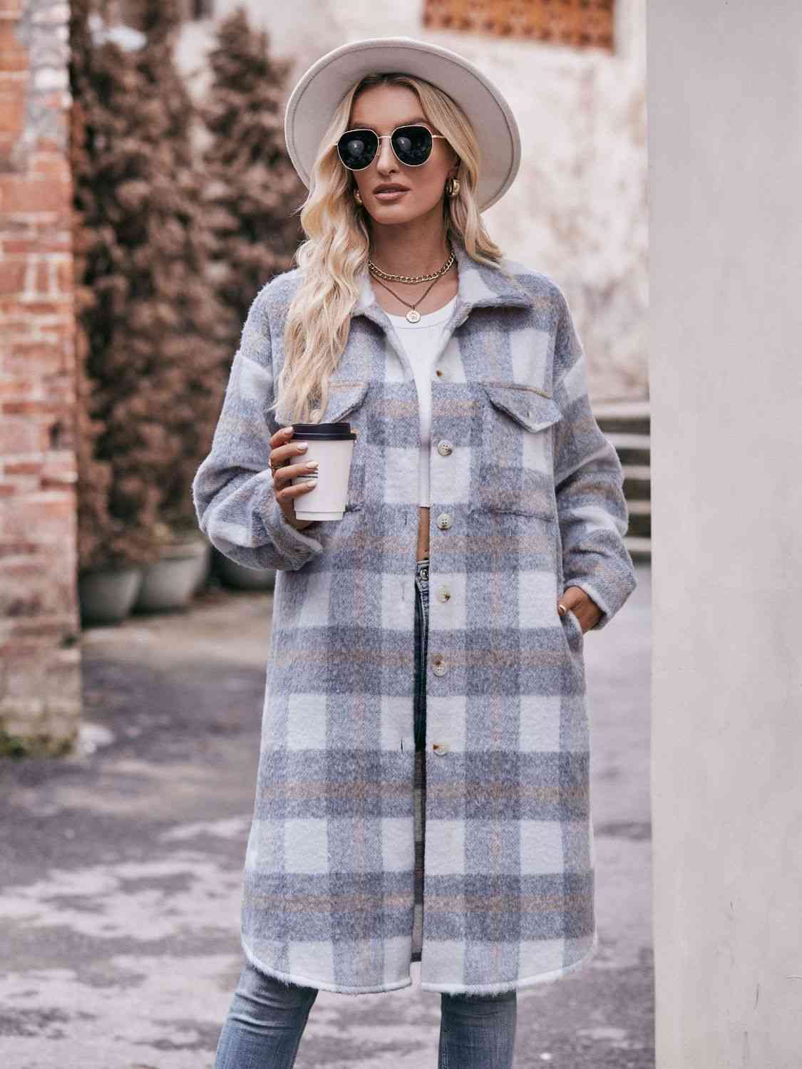 Plaid Dropped Shoulder Slit Coat Charcoal clothes coat jacket long sleeve Mandy Ship From Overseas