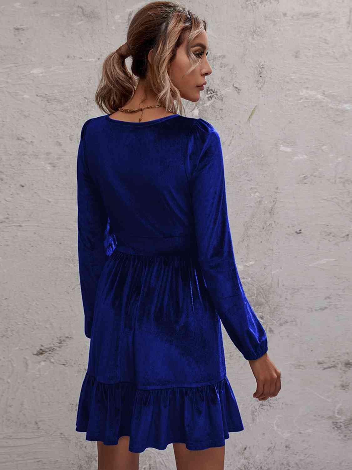 Plunge Long Sleeve Ruffle Hem Velvet Dress