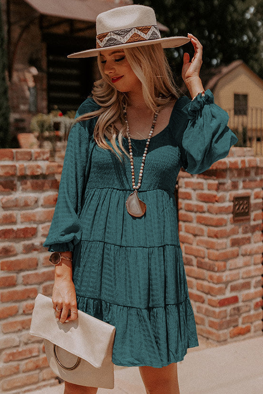 Mist Green Bishop Sleeve Smocked Tiered Casual Mini Dress