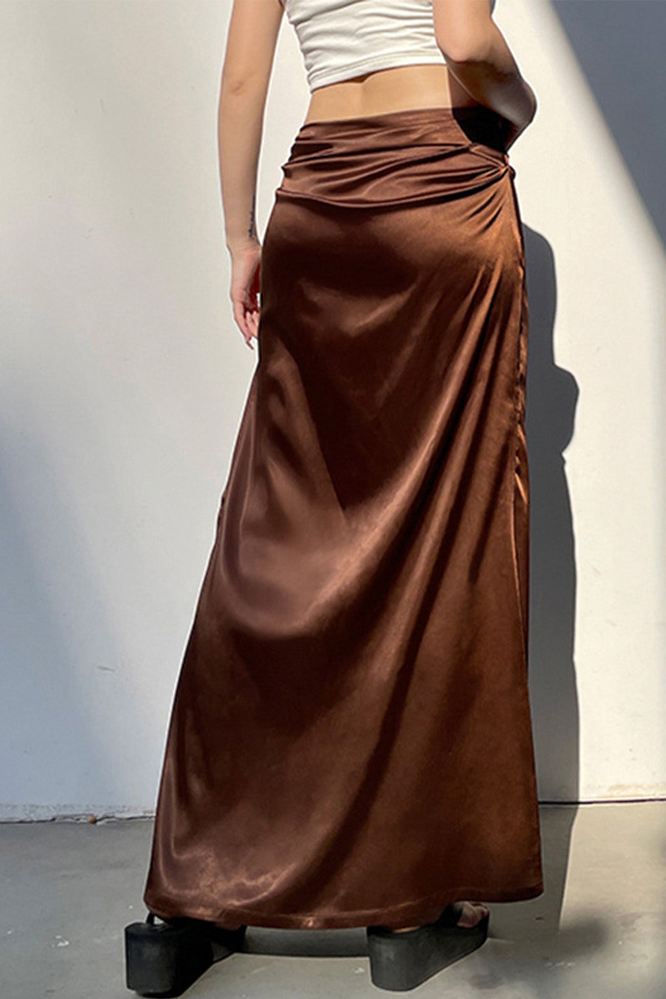 Brown Satin Low-Rise Slit Midi Skirt