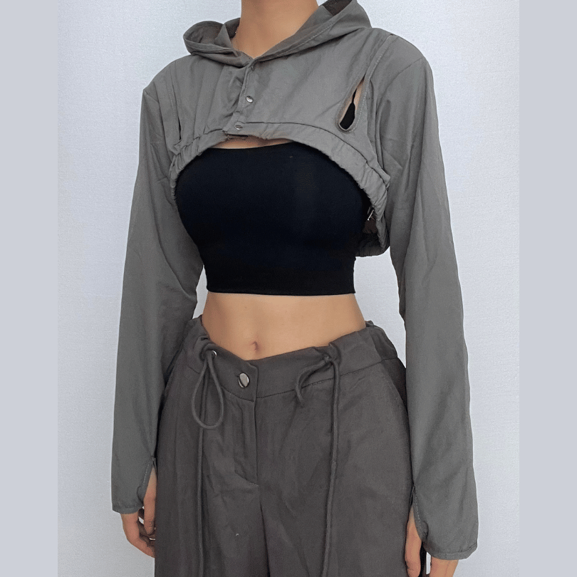 Hollow out button hoodie long sleeve cargo solid shrug crop top - Final Sale